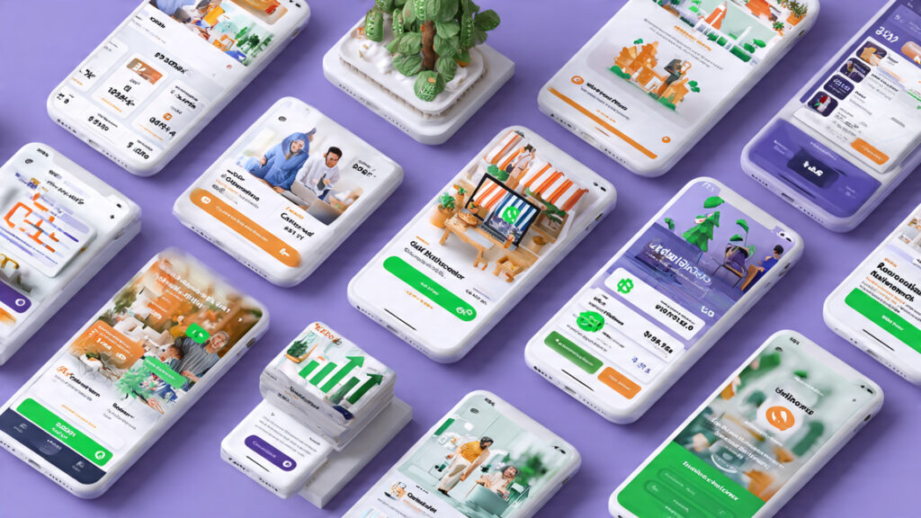 Clean collage of 12 mobile and laptop screens showing WB Status app features: GST Calculator, Profit Calculator, Invoice Generator, Stock Inventory, Khaata Book, Instagram Reels Downloader, Digital Visiting Card, Product Catalogue. Indian rupee symbols, green profit arrows, happy small business owners in background. Vibrant, modern UI style, 3D isometric view