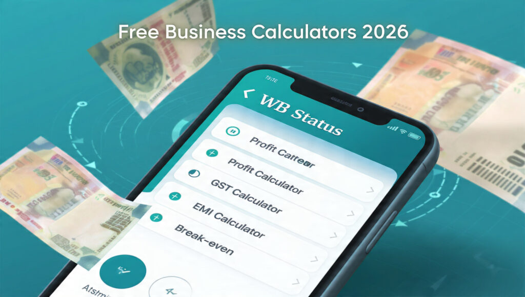 Close-up of smartphone screen showing WB Status app with Profit Calculator, GST Calculator, EMI Calculator, Break-even Calculator open. Indian currency notes and charts floating around. Text 'Free Business Calculators 2026'. Clean minimal design, blue-green color scheme, realistic