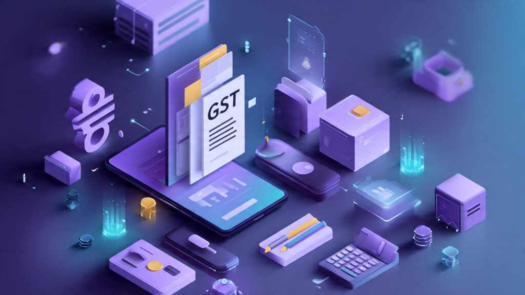 Futuristic flat illustration of digital GST filing on smartphone, AI-powered tax assistant icon, e-invoice system India, digital rupee symbol, modern tech-meets-government theme, clean purple-blue palette