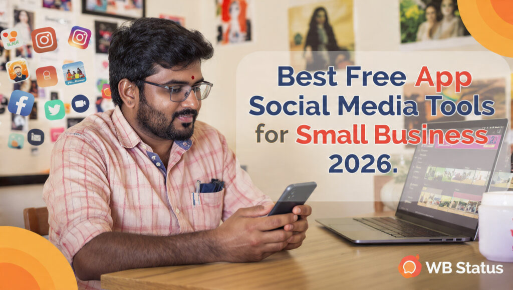 Indian shop owner creating Instagram Reels and posters on mobile with WB Status app. Background shows social media icons, poster designs, video editor screen. Text 'Best Free Social Media Tools for Small Business 2026'. Bright, energetic, mobile-first design, 16:9